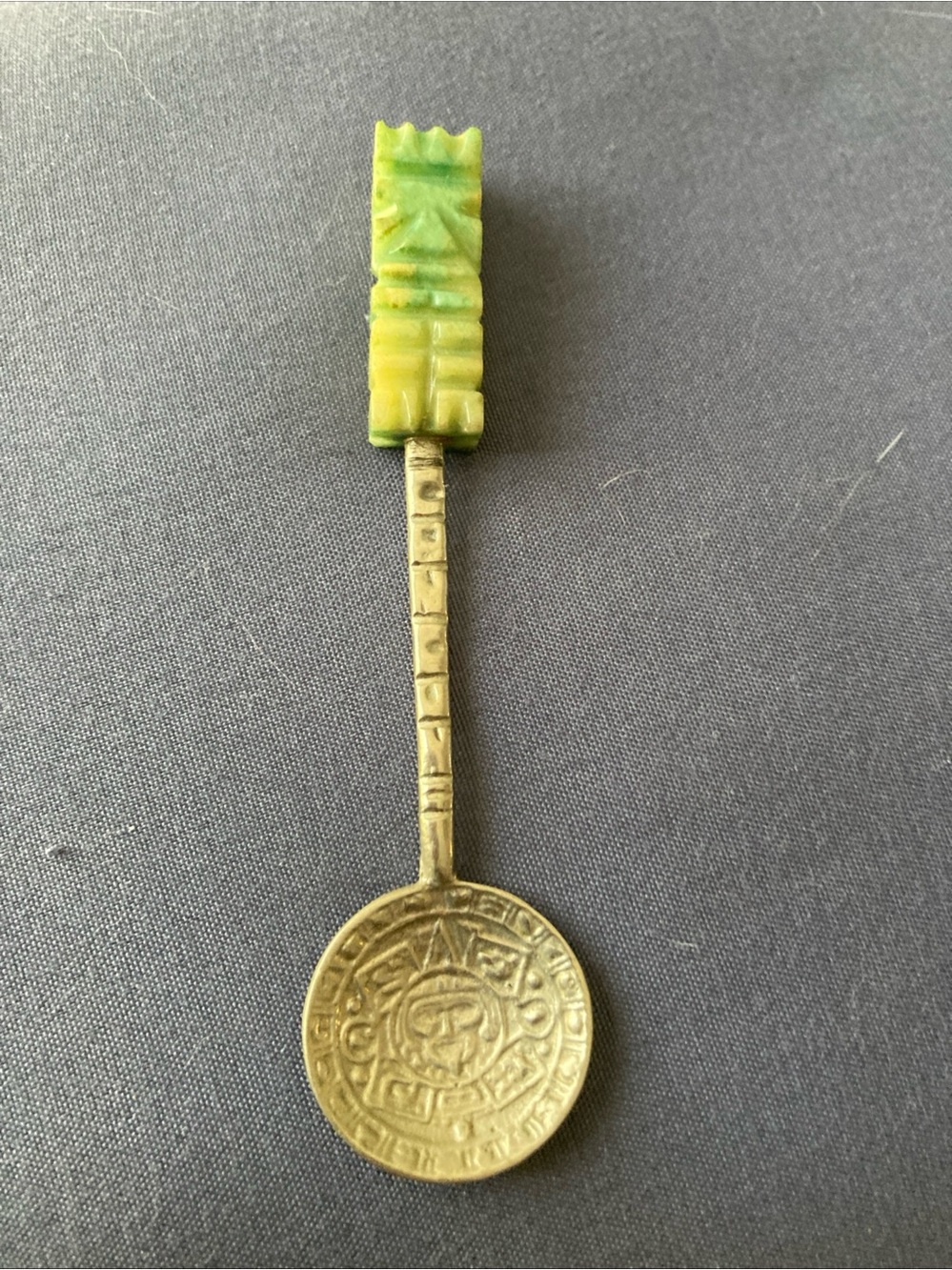 Vintage Aztec Medallion Collectible Souvenir Spoon Green JadeTiki Handle